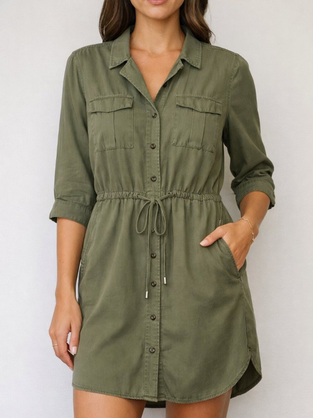 French Connection Olive Utility Shirt Dress Drawstring Waist Pockets Size 4